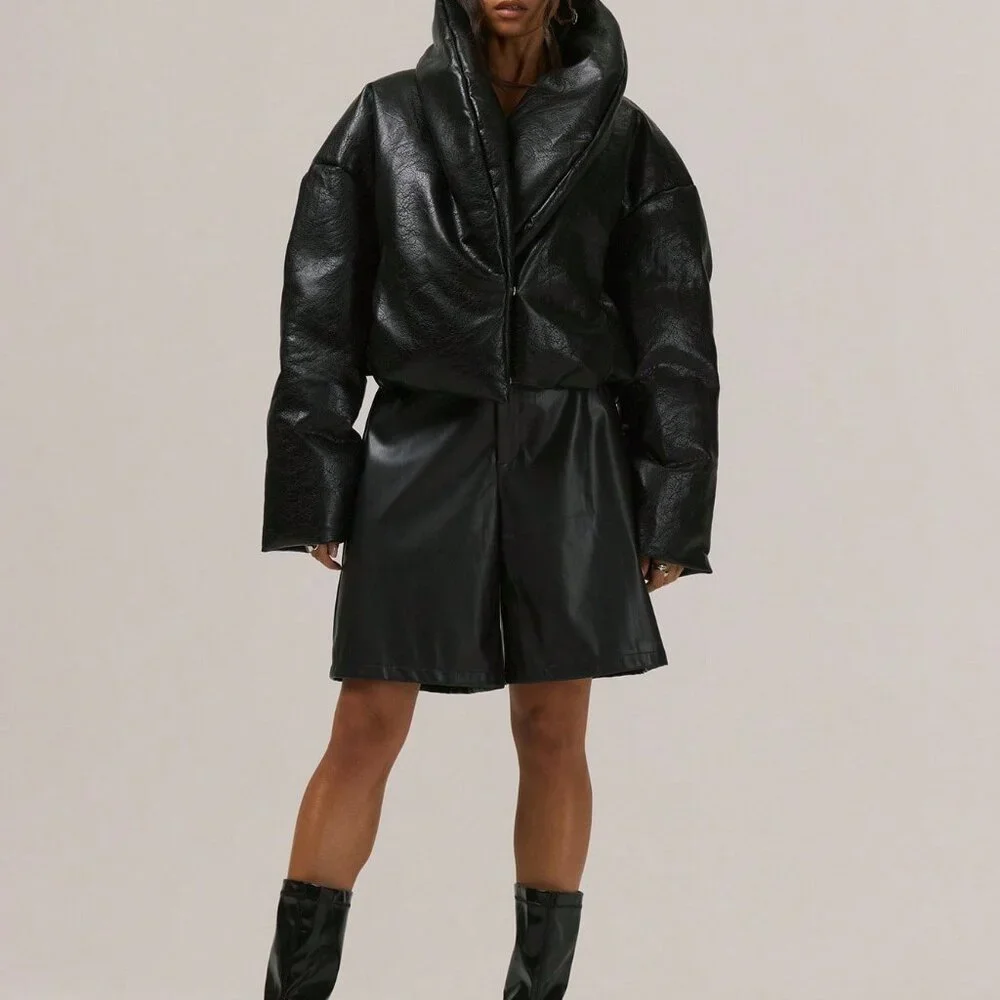 Black Casual Women's Thick Padded Faux Leather Puffer Coat - Picture 5 of 6